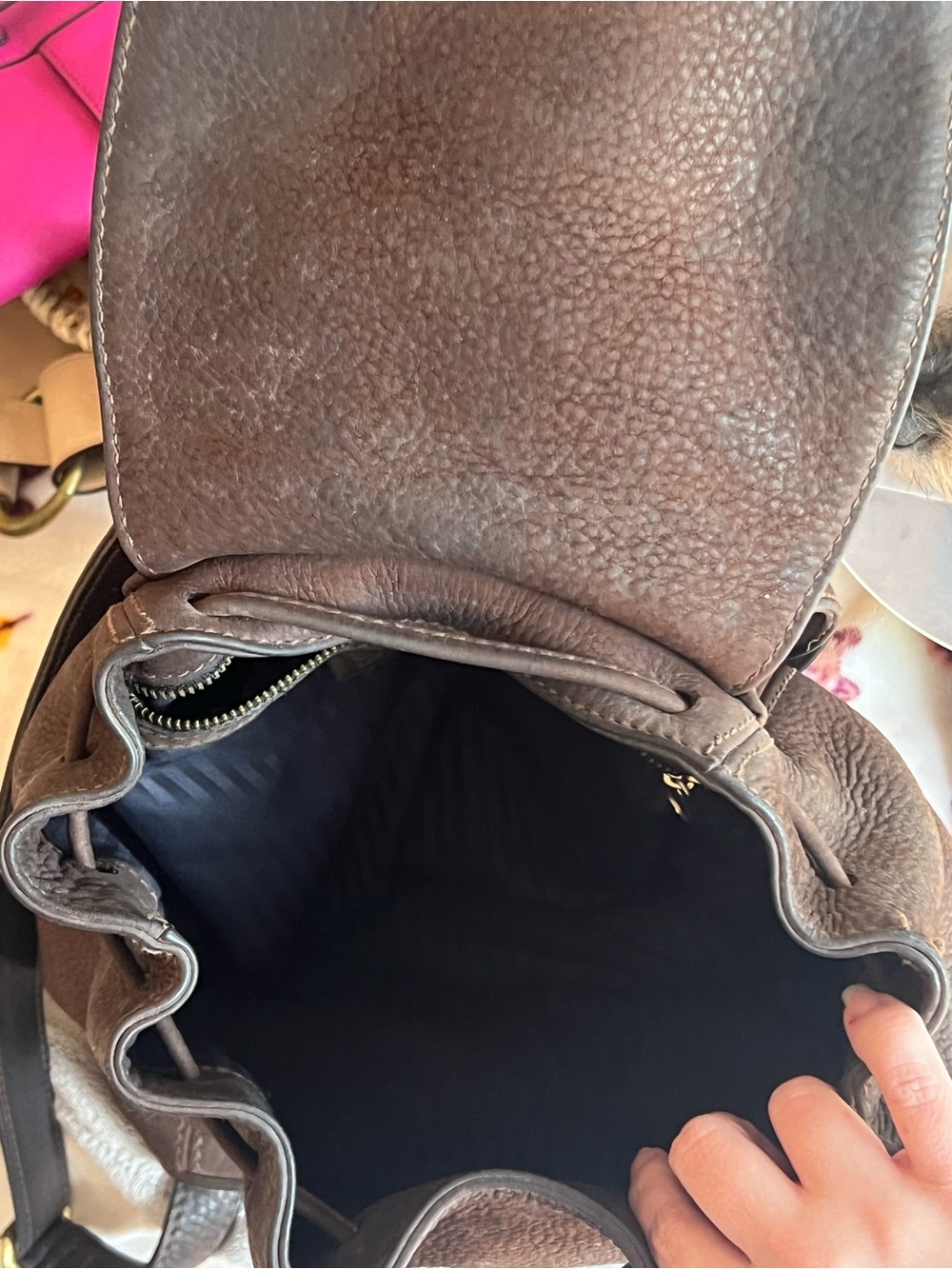 Coach Pebbled Brown Leather Drawstring Backpack